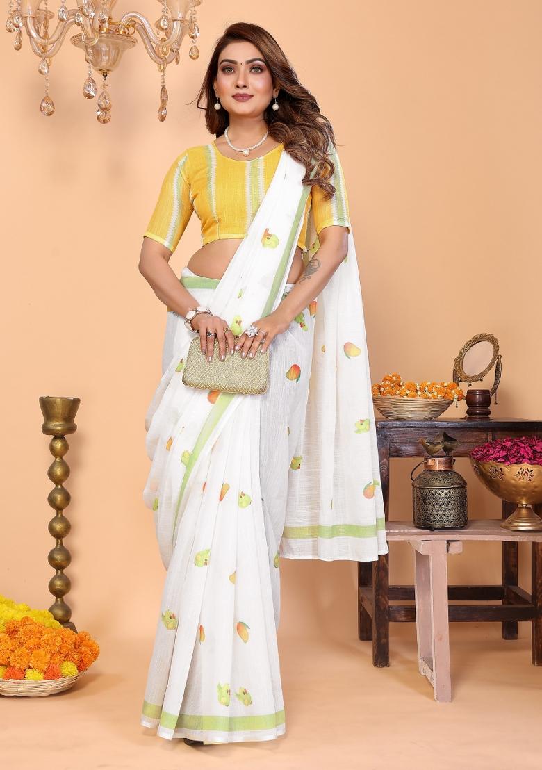 Ivory Printed Linen Saree Set - Indya