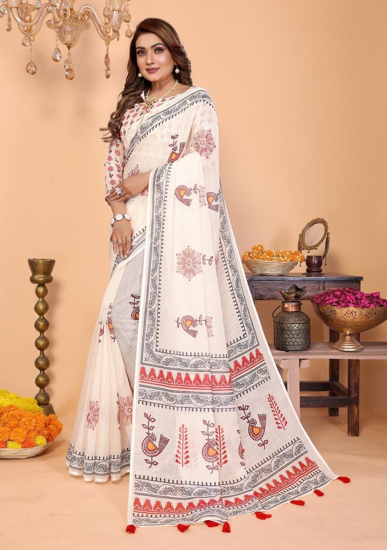 Ivory Printed Linen Saree Set - Indya