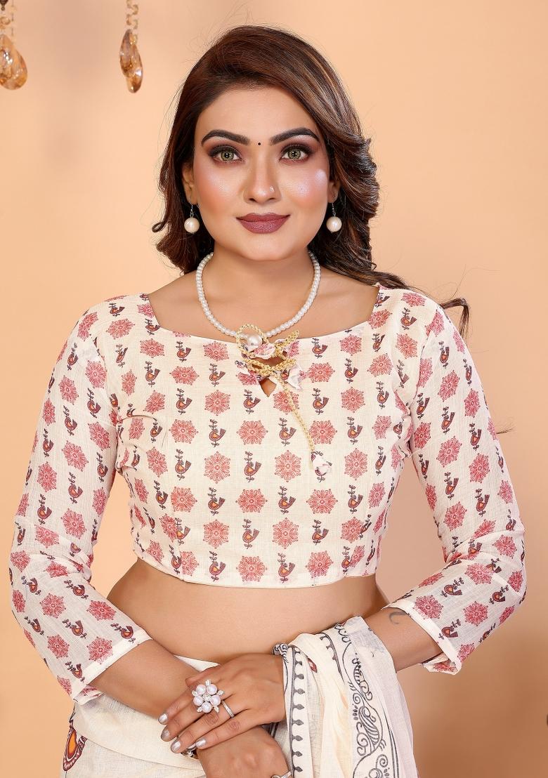 Ivory Printed Linen Saree Set - Indya