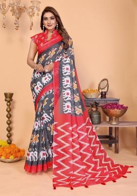 Grey Printed Linen Saree Set