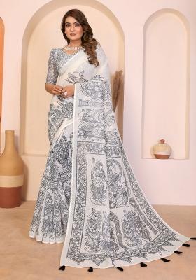 Ivory Printed Linen Saree Set