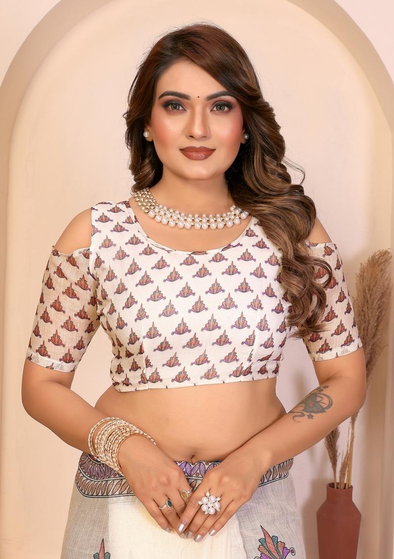 Ivory Printed Linen Saree Set - Indya