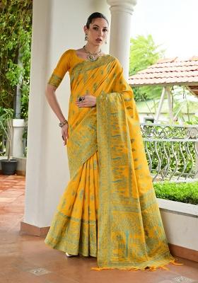 Yellow Woven Deisgn Silk Saree Set
