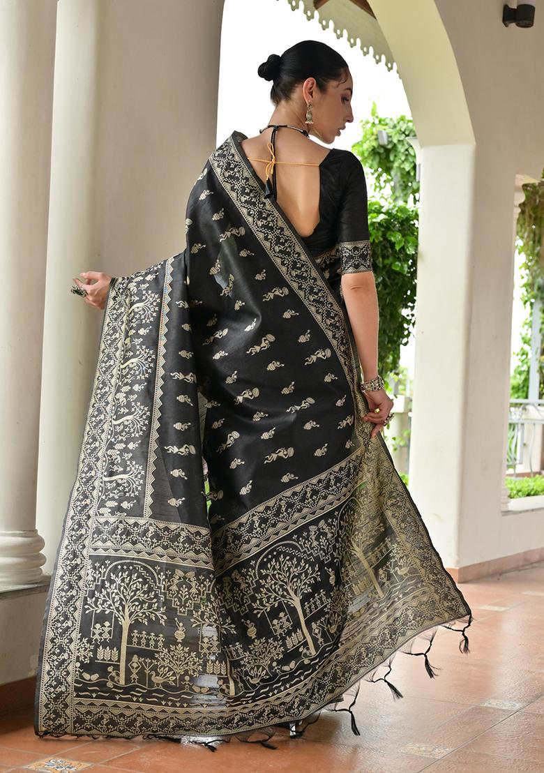 Black Woven Deisgn Silk Saree Set - Indya