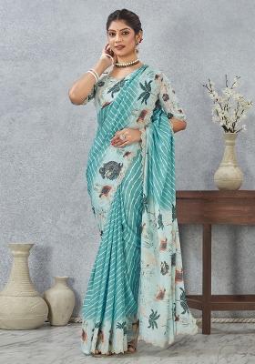 Sky Blue Border Work Silk Saree Set