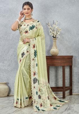 Lemon Yellow Border Work Silk Saree Set