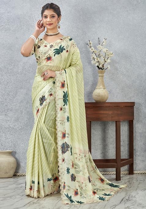 Lemon Yellow Border Work Silk Saree Set