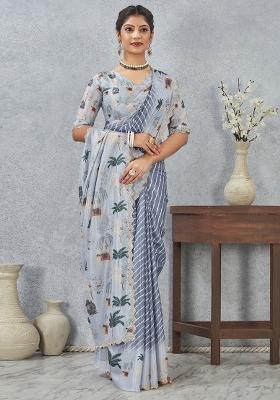 Grey Border Work Silk Saree Set