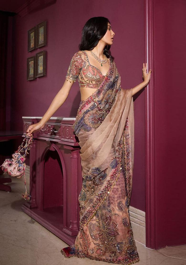 Peach Embroidered Georgette Saree Set - Indya
