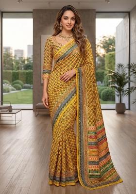 Yellow Printed Silk Saree Set