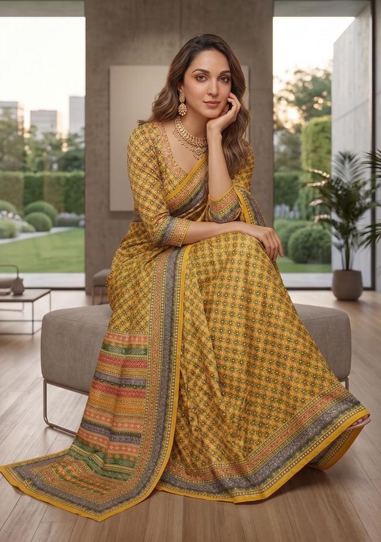 Yellow Printed Silk Saree Set - Indya