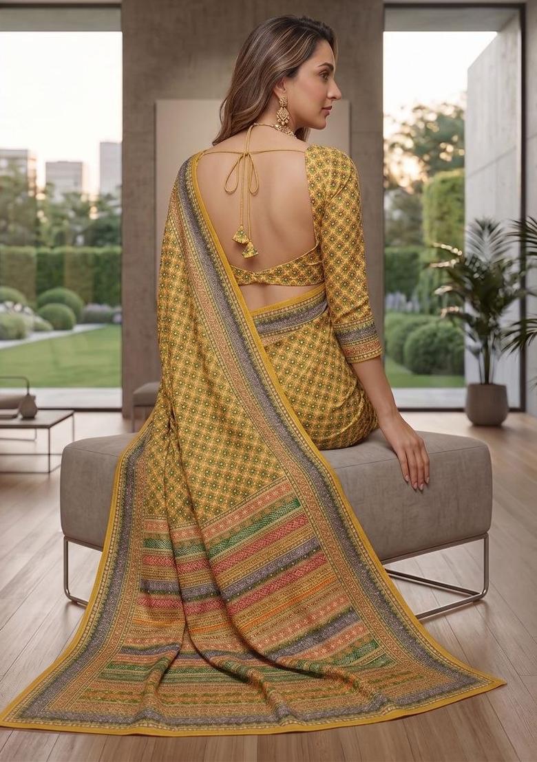 Yellow Printed Silk Saree Set - Indya