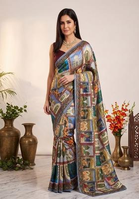 Multicolor Printed Silk Saree Set