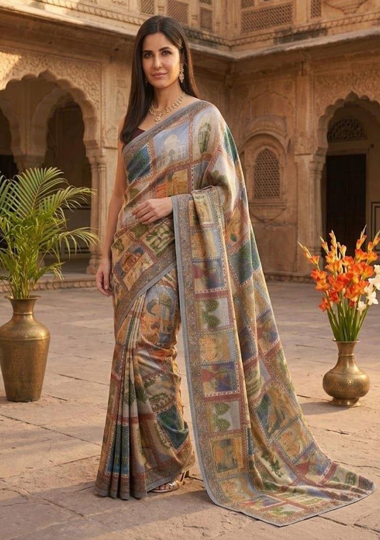 Multicolor Printed Silk Saree Set - Indya