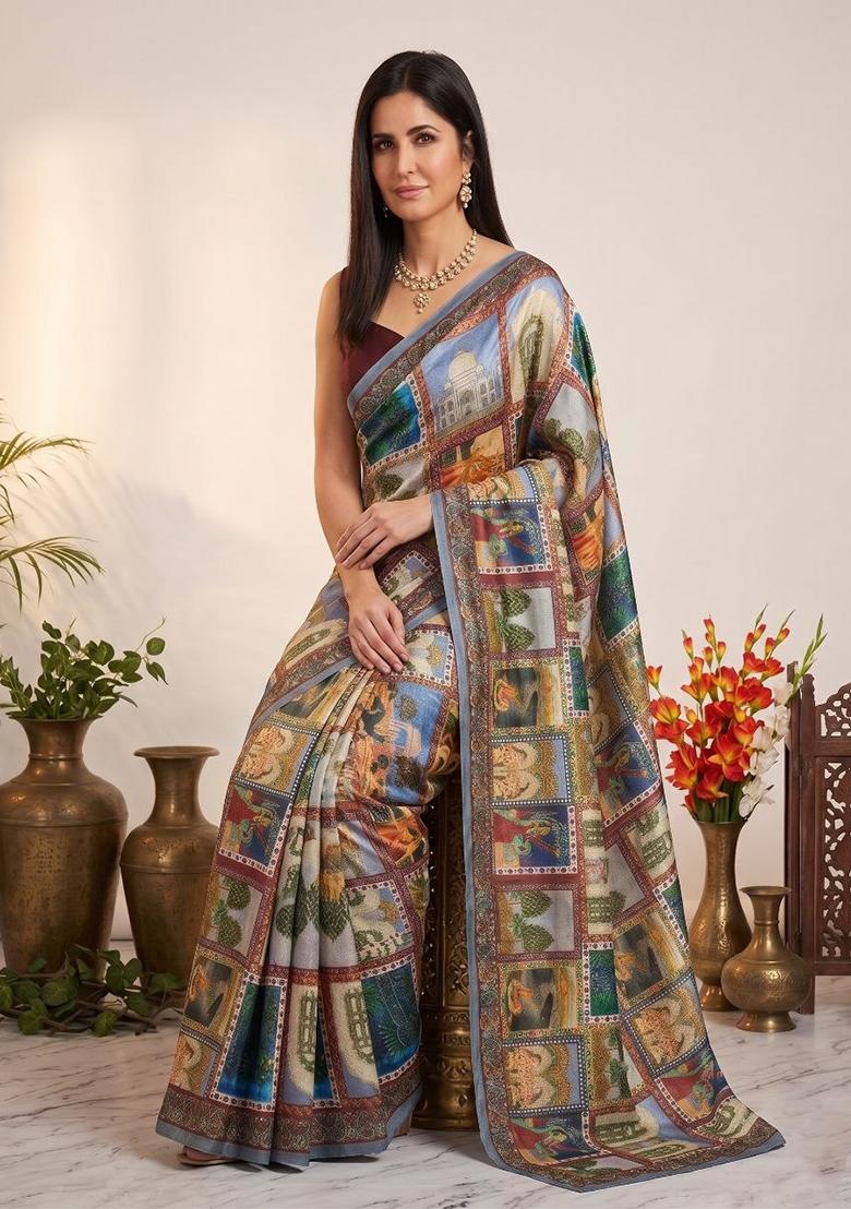 Multicolor Printed Silk Saree Set - Indya