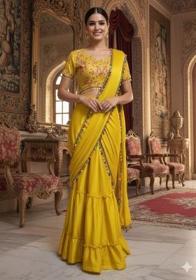 Yellow Embroidered Silk Saree Set
