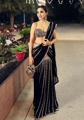 Black Silver Embellished Georgette Saree Set