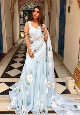 Sky Blue Lace Work Georgette Saree Set