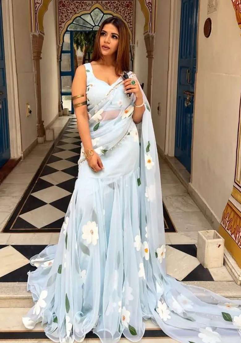 Sky Blue Lace Work Georgette Saree Set for Diwali and Festive Wear - Indya