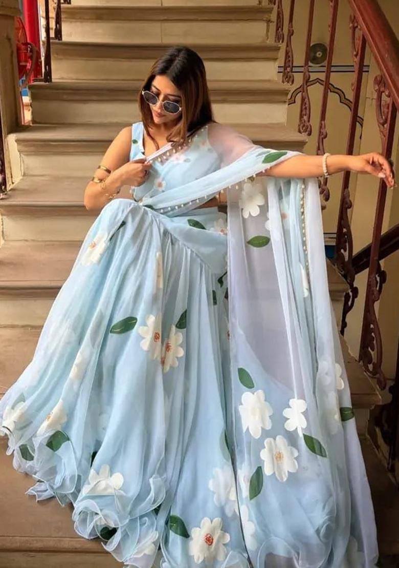 Sky Blue Lace Work Georgette Saree Set - Indya