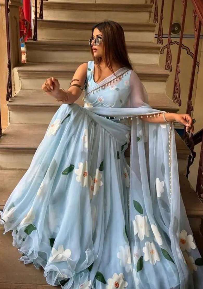 Sky Blue Lace Work Georgette Saree Set for Diwali and Festive Wear - Indya