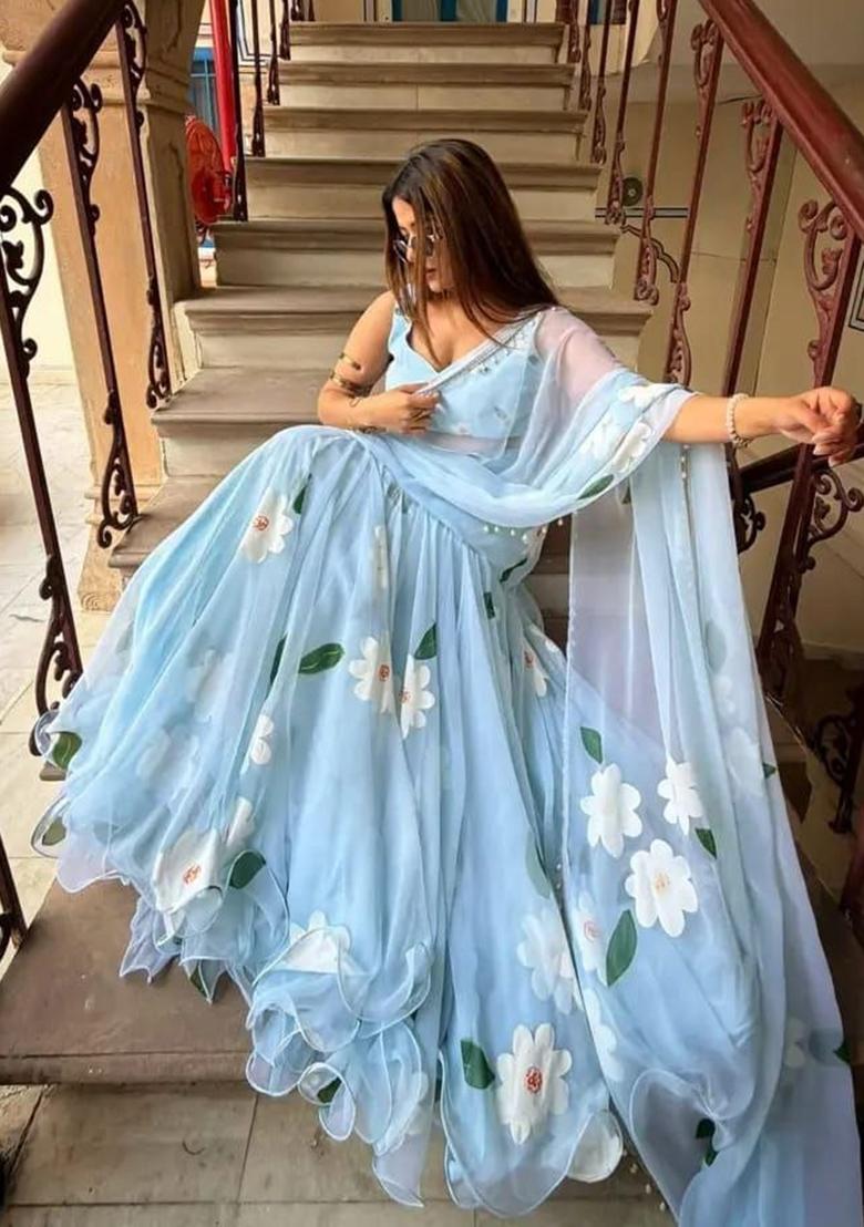 Sky Blue Lace Work Georgette Saree Set - Indya