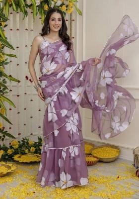 Purple Lace Work Georgette Saree Set