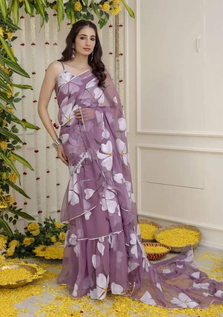 Purple Lace Work Georgette Saree Set - Indya