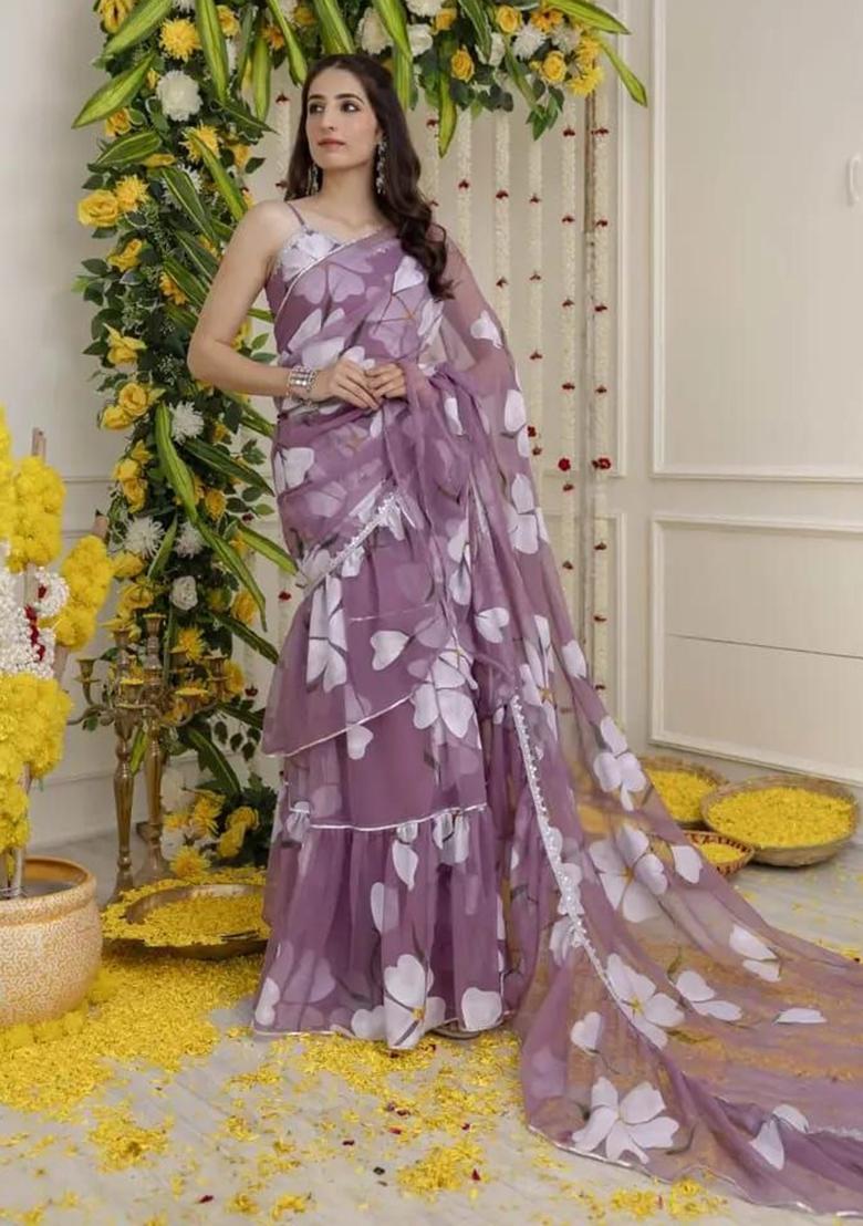 Purple Lace Work Georgette Saree Set - Indya