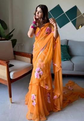 Orange Picho Work Georgette Saree Set