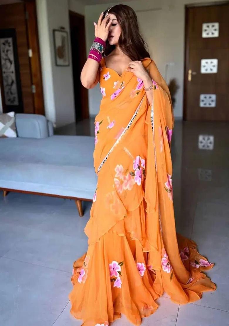 Orange Picho Work Georgette Saree Set - Indya