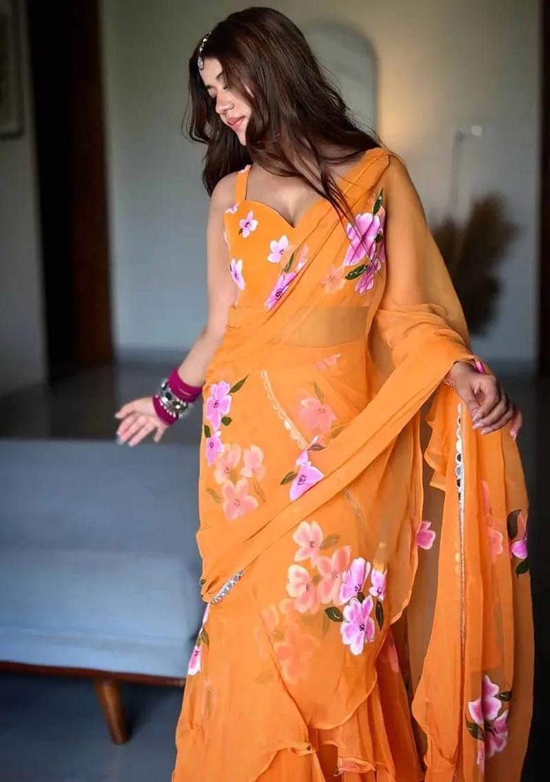 Orange Picho Work Georgette Saree Set - Indya