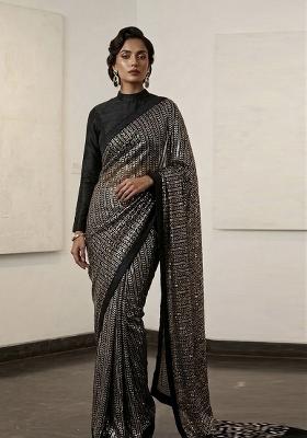 Black Silver Sequin Work Georgette Saree Set