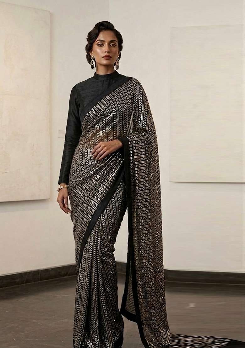 Black Silver Work Georgette Saree Set with Sequin for Diwali | Wedding & Festive Wear - Indya