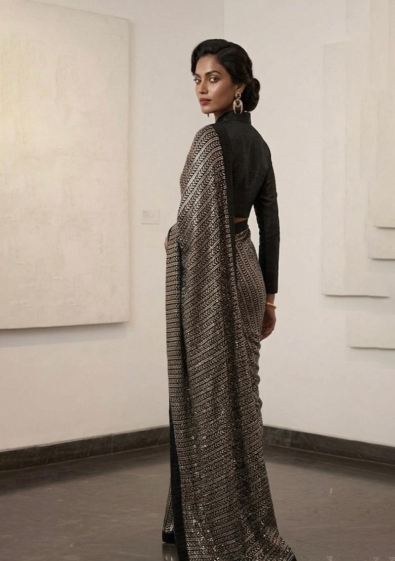 Black Silver Sequin Work Georgette Saree Set - Indya