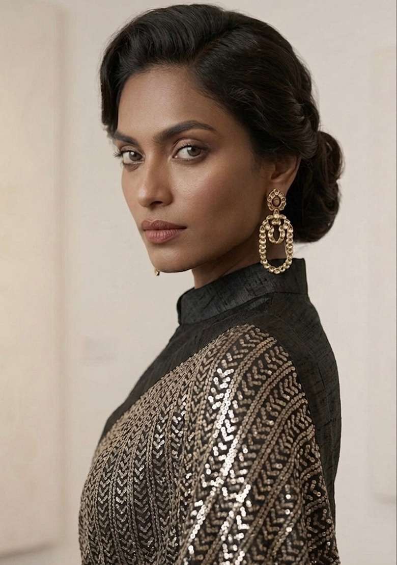 Black Silver Work Georgette Saree Set with Sequin for Diwali | Wedding & Festive Wear - Indya