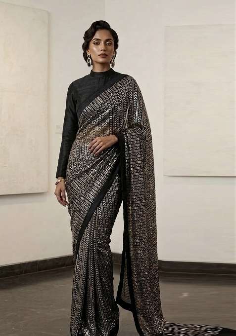 Black Silver Work Georgette Saree Set with Sequin for Diwali | Wedding & Festive Wear