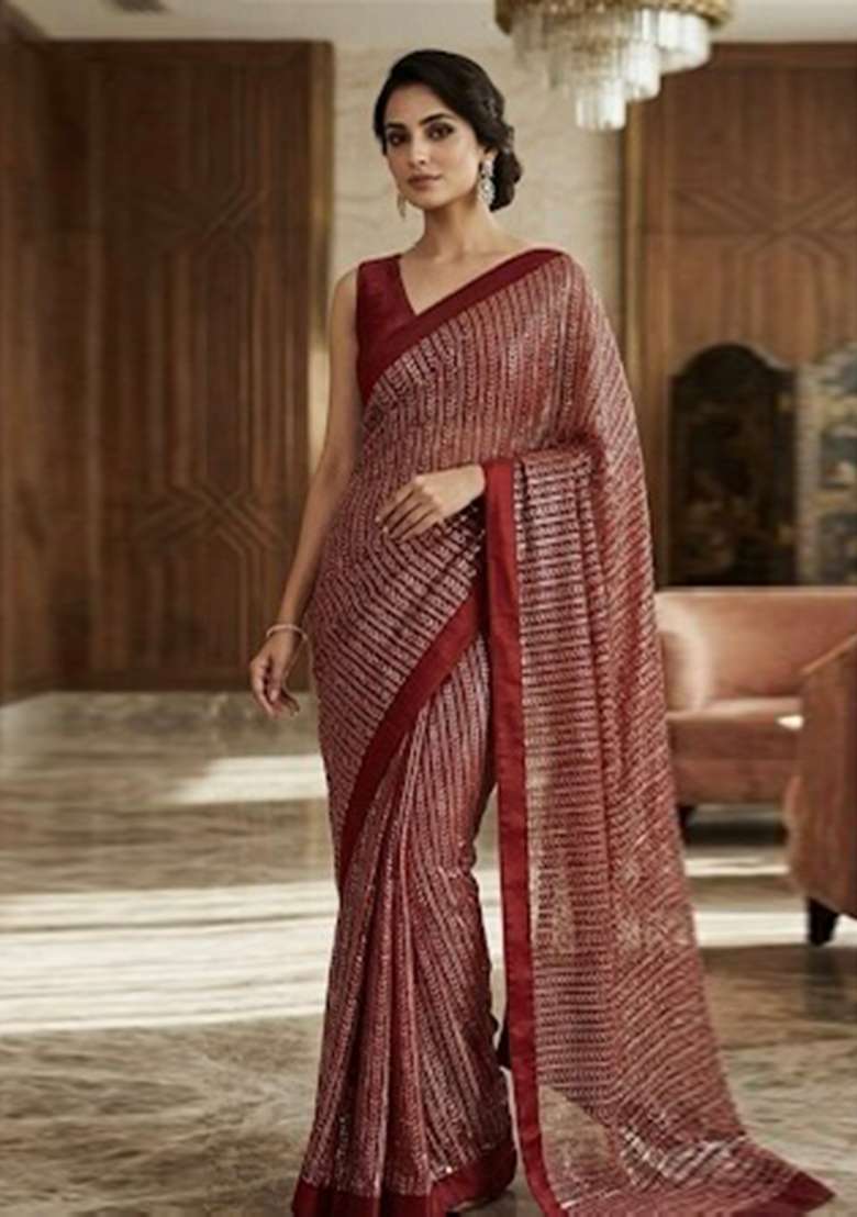 Brown Work Georgette Saree Set with Sequin for Diwali | Wedding & Festive Wear - Indya