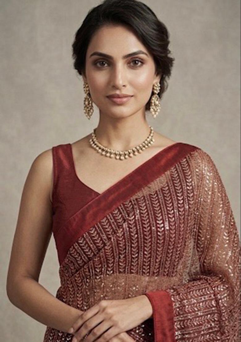 Brown Sequin Work Georgette Saree Set - Indya