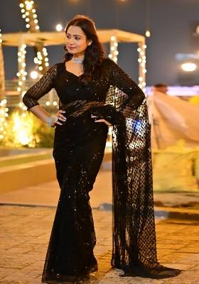 Black Thread Work Net Saree Set