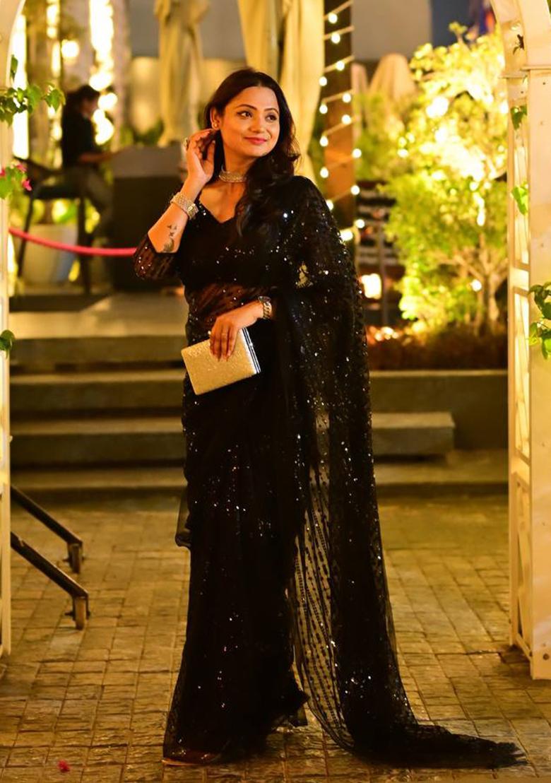 Black Thread Work Net Saree Set - Indya