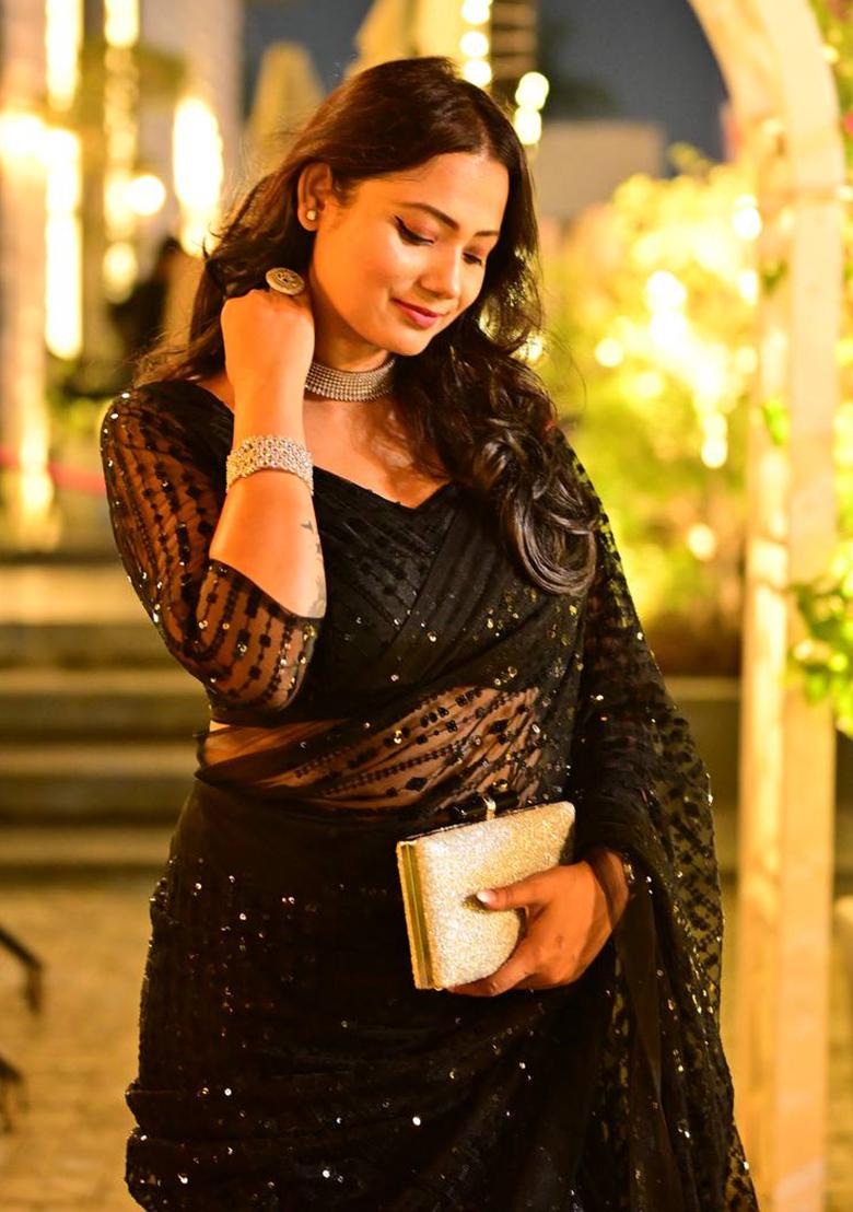 Black Thread Work Net Saree Set - Indya