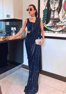 Blue Thread Work Georgette Saree Set