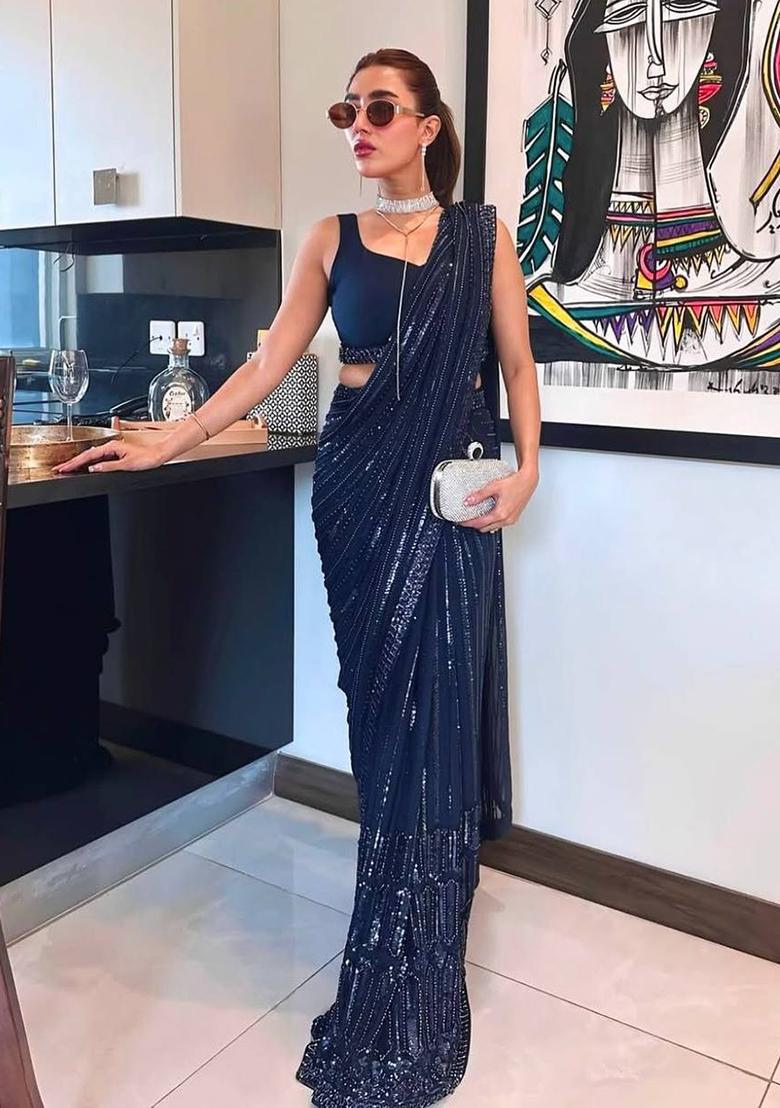 Blue Thread Work Georgette Saree Set - Indya