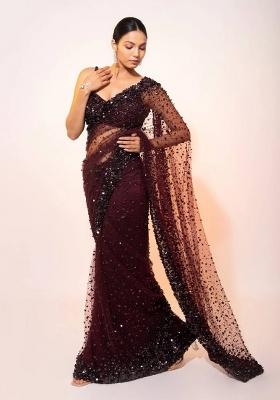 Brown Sequin Work Net Saree Set