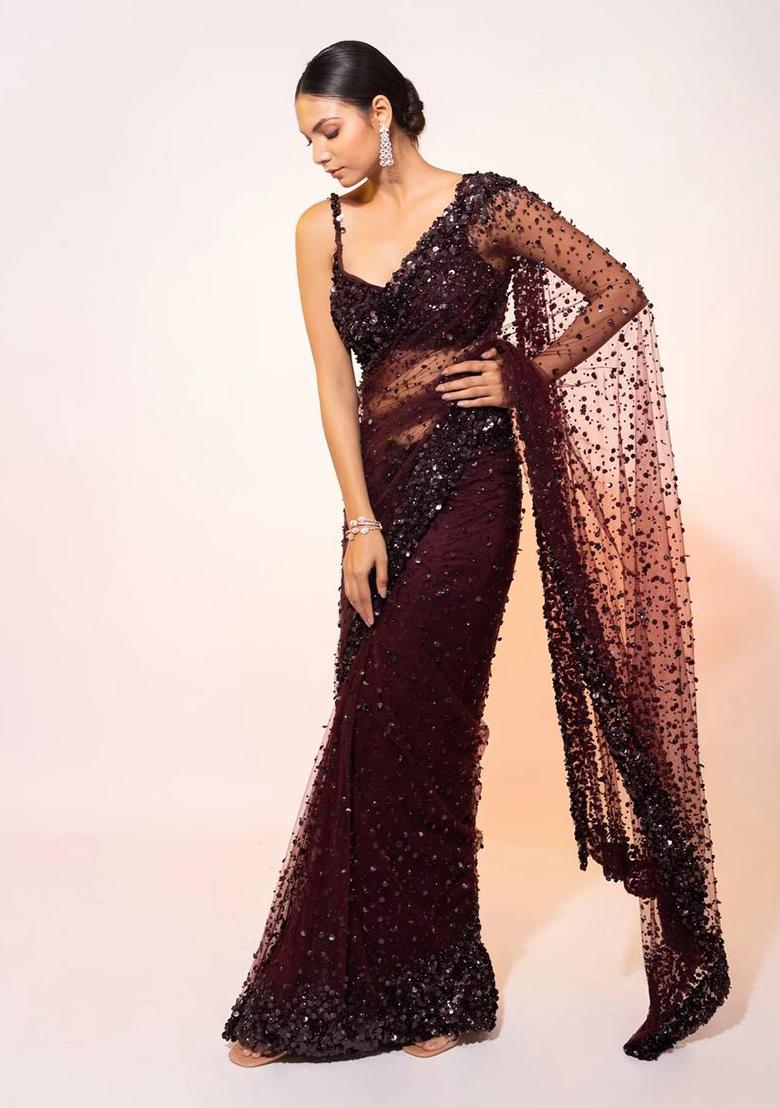 Brown Sequin Work Net Saree Set - Indya