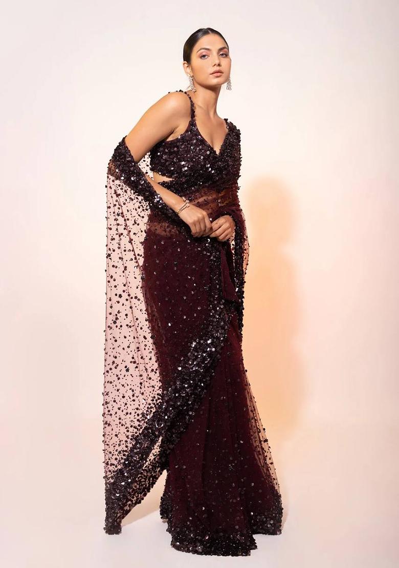 Brown Sequin Work Net Saree Set - Indya