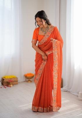 Orange Embroidered Silk Saree Set