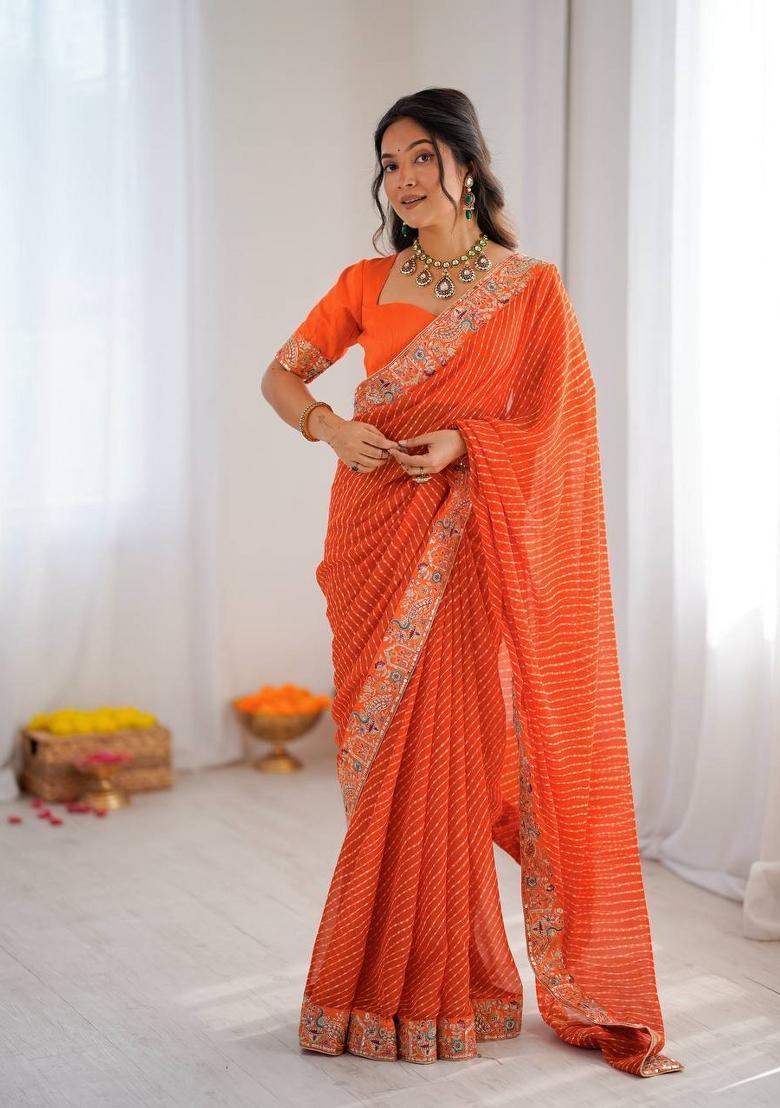 Orange Embroidered Silk Saree Set - Indya