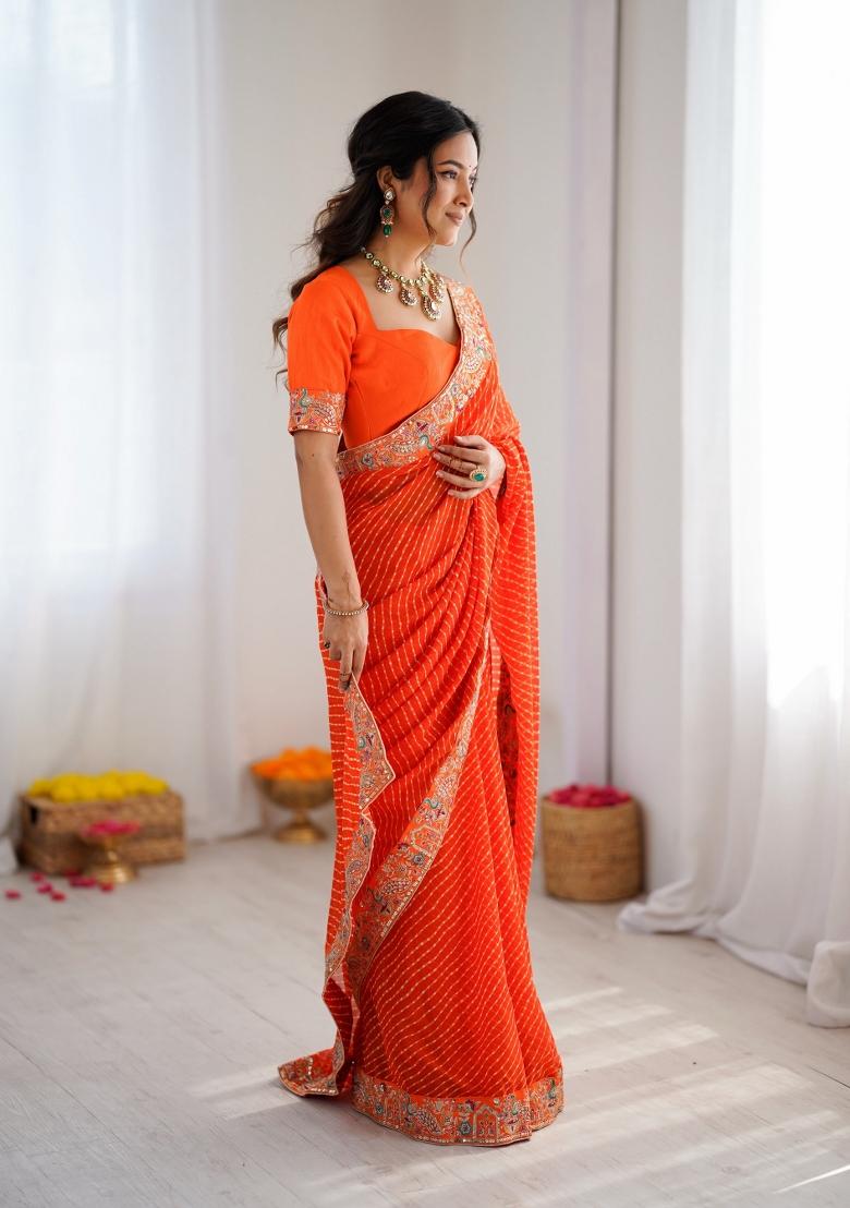 Orange Embroidered Silk Saree Set - Indya